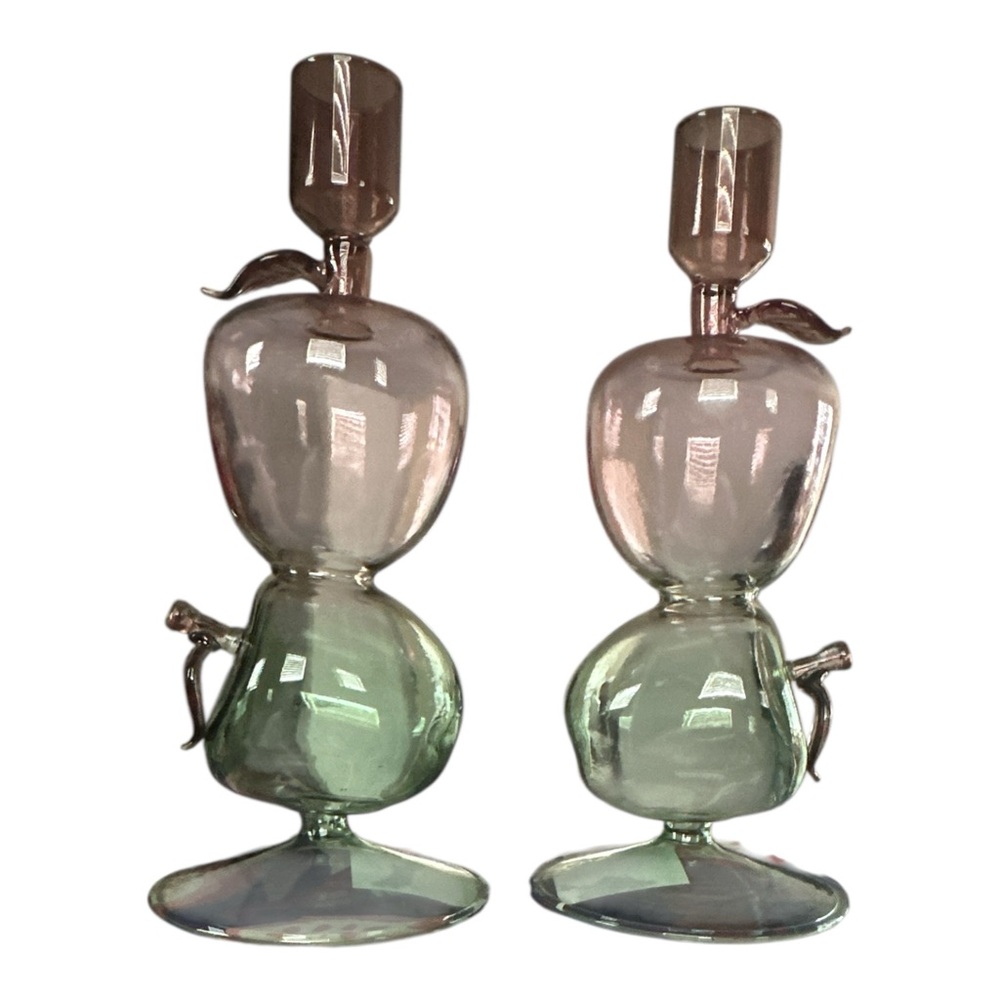 Pair Anthropologie Harvest Apples Fruit Icon Tinted Glass Candle Holders NWT - Picture 3 of 4